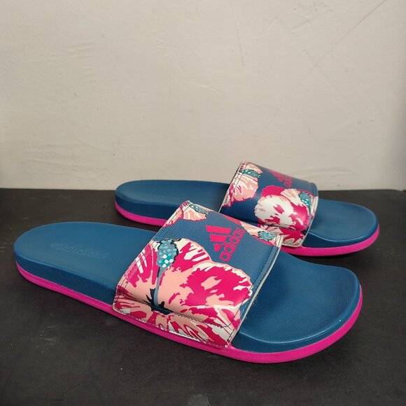 Adidas Slide Sandals Womens Size 10 Blue Pink Floral Comfort CG3697 - Picture 1 of 10